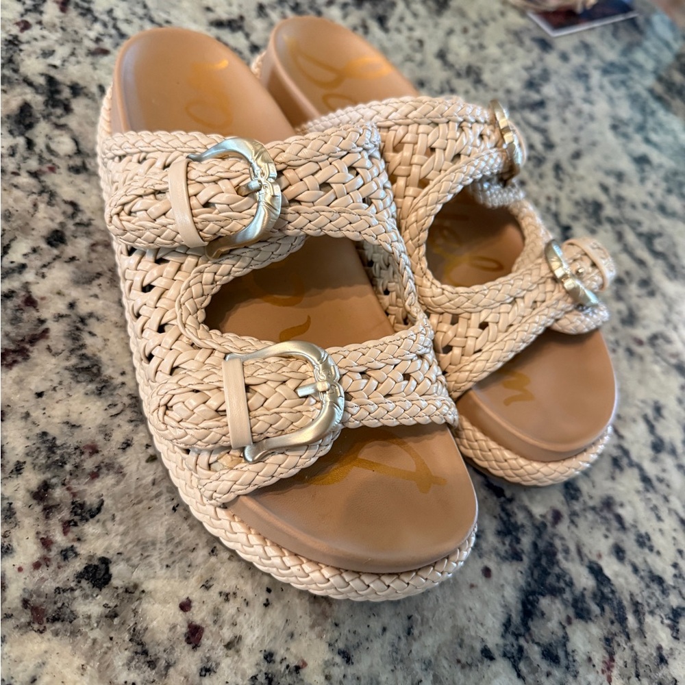 Sam Edelman Beige Braided Buckle Slide Sandals